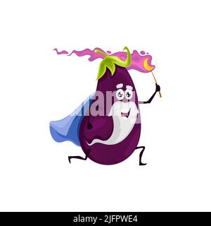 Personnage de l'assistant d'aubergine en cours d'exécution de dessin animé. Vecteur magicien légume avec longue barbe blanche porter cape et torche brûlante à la main. Drôle de parsonage magique, wiz ou sorcier isolé sur blanc Illustration de Vecteur