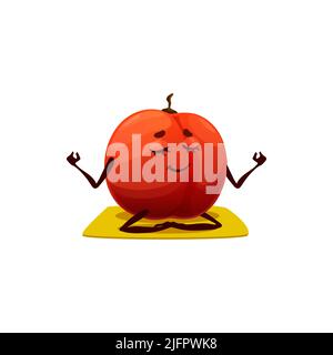 Persimmon fruit exotique isolé dans lotus pose assis sur l'émoticône de personnage de dessin animé de tapis de yoga. Vector Jiro persimmon fruit, dessert de la nourriture tropicale faire des exercices de pilates de forme physique. Mascotte abricot pêche Illustration de Vecteur