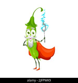 Assistant de légumes au piment vert avec baguette magique dans un personnage de dessin animé isolé du cap. Vector mignon veggie avec la barbe et les moustaches sur le visage, les enfants de la nourriture de ferme. Émoticone souriant sorcier fée Illustration de Vecteur