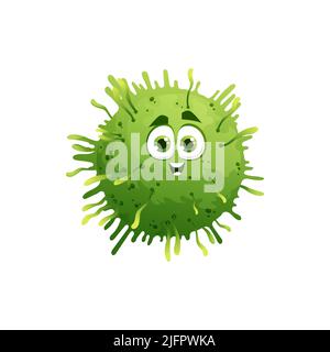 Caricature coronavirus caractère vecteur vert drôle cellule de covid19 virus, bactéries ou germe avec visage souriant, grands yeux et excroissances. Monstre microbe pathogène, mascotte corona isolée, personnage mignon Illustration de Vecteur