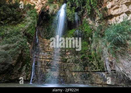 Cascade et piscine dans le désert. Cascade, Ein Gedi, Israël Banque D'Images