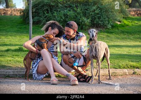 Jeune couple tatoué embrassant et assis avec leurs chiens. Banque D'Images