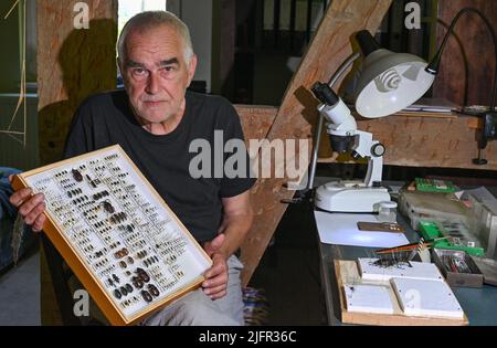 PRODUCTION - 27 juin 2022, Brandebourg, Güstebieser Loose: Peter Herbert, coléoptériste (chercheur de scarabée), montre une boîte avec des scarabées préparés, sur son lieu de travail dans sa maison dans l'Oderbruch. Peter Herbert a exploré le patrimoine culturel européen de l'Oderbruch d'une manière très spéciale. Depuis des décennies, l'agriculteur formé collecte et prépare des scarabées indigènes de sa maison d'adoption. Il a légué sa collection régionale de milliers de spécimens à l' Institut entomologique allemand . (À dpa 'The big sparch in the Oderbruch') photo: Patrick Pleul/dpa Banque D'Images