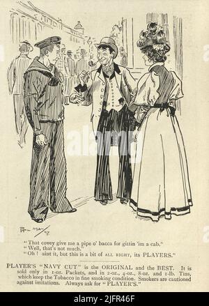 Publicité victorienne pour Player's Navy Cut tabac, cartoon homme fumant pipe parlant à un marin, 1890s 19th siècle Banque D'Images