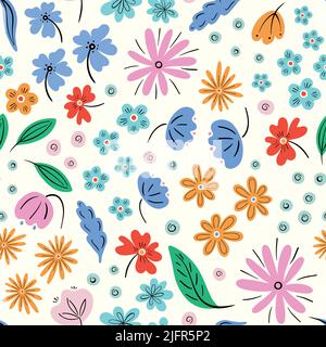 Vecteur d'arrière-plan de motif de fleurs. Motif de répétition tendance sans couture de fleurs et de feuilles dessinées à la main. Illustration de Vecteur