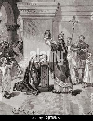 Le couronnement de Charlemagne comme empereur du Saint Empire romain par le Pape Léon III en 800. Charlemagne, alias Charles le Grand, 747 - 814. Membre de la dynastie carolingienne, roi des Francs à partir de 768, roi des Lombards à partir de 774, et premier empereur romain Saint à partir de 800. De Histoire de France, publié en 1855. Banque D'Images