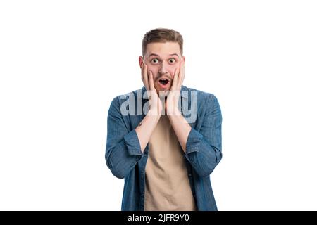 Homme choqué en studio Banque D'Images