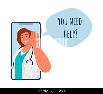 Aide en ligne ou onsultation avec le médecin via le mobile.vecteur plat Illustration de Vecteur