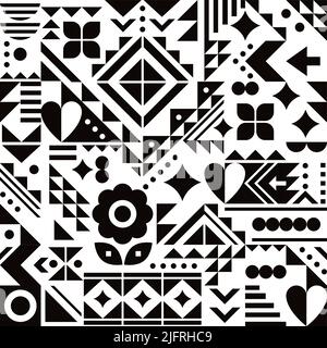 Motif vectoriel sans couture inspiré de Bauhaus avec coeurs, fleurs et formes géométriques dans un design abstrait moderne noir et blanc Illustration de Vecteur