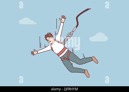 Jeune homme excité sautant avec parachute. Un homme souriant fait du sport extrême avec le saut à la corde. Illustration vectorielle. Illustration de Vecteur