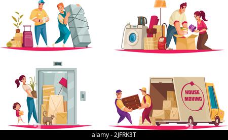 House Moving service concept 4 compositions de dessins animés avec des empaqueteurs transportant des effets personnels de famille dans une illustration de vecteur de van Illustration de Vecteur