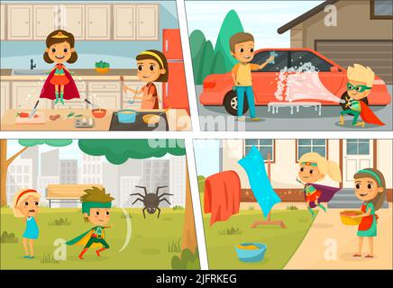 Enfants super héros dessin animé coloré icône ensemble enfants en costumes aider à cuisiner laver la voiture sauvetage de l'adversité et aider à remuer le vecteur de blanchisserie illustrat Illustration de Vecteur