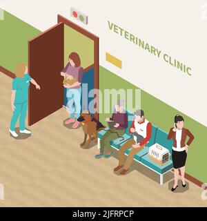 Les propriétaires d'animaux de compagnie avec des chats et des chiens dans la salle d'attente d'une clinique vétérinaire illustration vectorielle de la vue intérieure isométrique Illustration de Vecteur