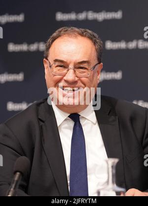 Gouverneur de la Banque d'Angleterre, Andrew Bailey, lors de la conférence de presse du rapport de stabilité financière de la Banque d'Angleterre, à la Banque d'Angleterre, à Londres. Date de la photo: Mardi 5 juillet 2022. Banque D'Images