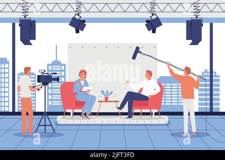 L'équipe de tournage réalise des interviews pour les médias dans l'illustration vectorielle plate en studio Illustration de Vecteur