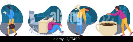 Ensemble de compositions isolées professionnelles de syndrome de brunissage de personnes éprouvant une fatigue chronique illustration de vecteur plat Illustration de Vecteur