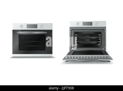 Cuisine maison appareil cuisinière gamme combinant cuisinière et four avec porte ouverte et fermée illustration réaliste de vecteur Illustration de Vecteur