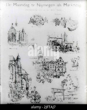 Dessin au stylo 'le lundi à Nimègue comme jour de marché' par Jan van Vucht Tijssen (5-9-1884-20-11-1970) Banque D'Images