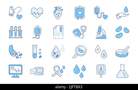 Illustration de sang médical avec icônes - transfusion, sphygmomanomètre, glucomètre, cardiologie, microscope, tube de laboratoire. Illustration fine Illustration de Vecteur