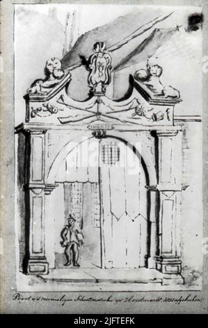 Houtmarkt : une porte du Schuttersdoelen à partir de 1645, après un dessin de plume lavé par Johannes Franciscus Christ (14-2-1790-9-3-1845). Le Houtmarkt était une place conviviale aux 17th et 18th siècles avec des arbres de chaque côté. La porte a donné accès aux objectifs et a été démolie en 1835. Au milieu du fronton avec les armoiries de la ville avec des lions à gauche et à droite avec une griffe sur le globe. Banque D'Images