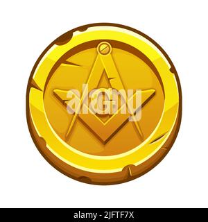 Pièce de monnaie dorée avec boussoles masoniques et carré. Vecteur symbole maçonnique, société sacrée Illustration de Vecteur