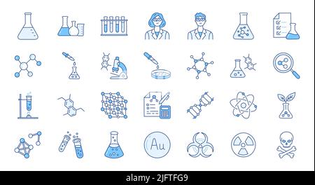 Chemistry doodle illustration including icons - flask, lab tube, scientist, petri dish, beaker, experiment, biotechnology. Thin line art about Illustration de Vecteur