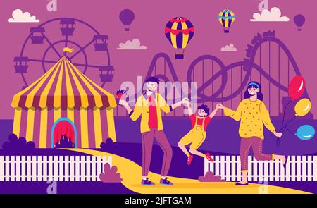 Parc d'attractions composé de couleurs avec paysage extérieur et silhouettes de manèges d'amusement avec les parents et l'illustration de vecteur d'enfant Illustration de Vecteur