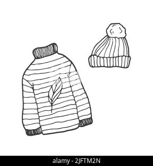 Pull confortable en maille et chapeau. Dessinez à la main des vêtements en laine d'automne ou d'hiver confortables dans un style en forme de doodle pour votre conception. Contours noirs isolés sur un fond blanc Illustration de Vecteur