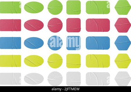 jeu d'autocollants froissés et ondulés de différentes couleurs isolés sur fond blanc, collection de modèles d'étiquettes adhésives, illustration vectorielle Illustration de Vecteur