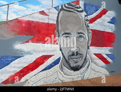 Art mural Lewis Hamilton, Grand Prix britannique Formula1 F1, œuvre d'art Silverstone Banque D'Images