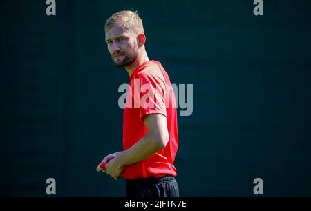 Leipzig, Allemagne. 05th juillet 2022. Football, Bundesliga, formation publique RB Leipzig, centre de formation: Le joueur de Leipzig Konrad Laimer arrive pour la session de formation. Credit: Jan Woitas/dpa/Alay Live News Banque D'Images