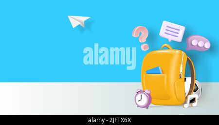 3D Sac scolaire réaliste . Modèle d'affiche publicitaire de retour à l'école. Illustration de Vecteur