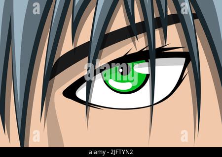 Bande dessinée Anime joli visage de garçon ou de fille avec oeil vert et cheveux gris. Manga BD livre art héros concept de fond. Illustration de dessin animé vectoriel Illustration de Vecteur