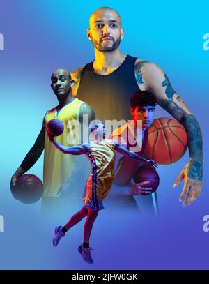 Image composite avec des sportifs professionnels, des joueurs de basket-ball masculins sur fond bleu avec lumière néon. Affiche pour les événements sportifs Banque D'Images