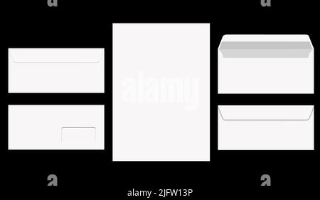 Vue avant du jeu de papier blanc vierge à A4 lettres de l'enveloppe DL. Banque D'Images