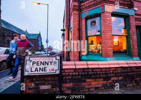 Rue historique Penny Lane. Liverpool, Angleterre, Royaume-Uni Banque D'Images