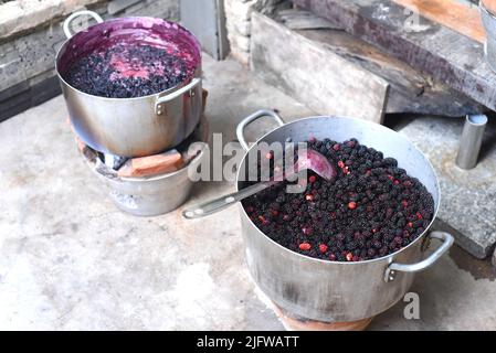 Faire bouillir la confiture de mûrier dans une casserole en métal sur feu ouvert Banque D'Images