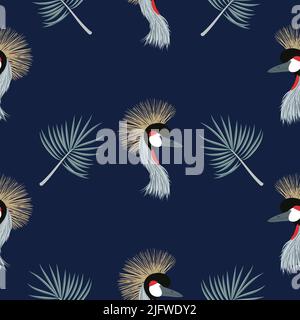Motif oiseau de grue à couronne gris sans couture. Illustration de Vecteur
