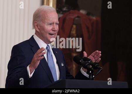 Washington, États-Unis. 05th juillet 2022. LE président AMÉRICAIN Joe Biden parle des soldats américains lors de la Médaille d'honneur qui a combattu lors de la cérémonie de la guerre du Vietnam, aujourd'hui sur 05 juillet 2022 à la salle est/Maison Blanche à Washington DC, Etats-Unis. (Photo de Lénine Nolly/Sipa USA) Credit: SIPA USA/Alay Live News Banque D'Images