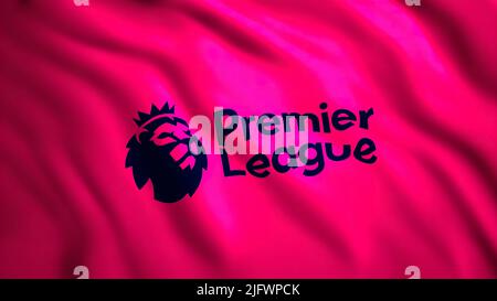 Arrière-plan rose et jaune.mouvement. Un fond lumineux avec un badge Premier League est la plus haute division de football pour les clubs en Angleterre et au pays de Galles.use Banque D'Images