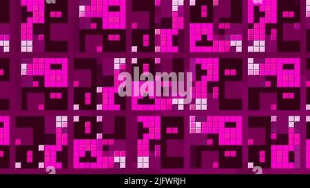 Arrière-plan pixélisé abstrait violet. Mouvement. Motif mosaïque avec petits carrés colorés clignotants Banque D'Images