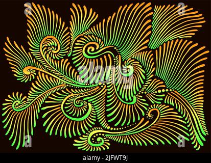 Gracieux brillant psychédélique résumé fantastique fleur, vert jaune orange dégradé couleur contour, isolé sur fond noir.stylisée lignes art Illustration de Vecteur