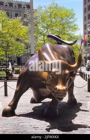 Wall Street Bull, statue. Charging Bull ou Bowling Green Bull Sculpture sur Wall Street, quartier financier de Lower Manhattan à New York, Etats-Unis. Banque D'Images