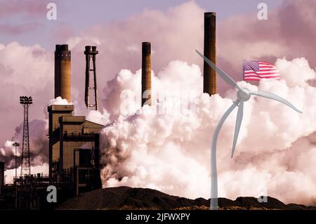 La fumée de l'acier fonctionne avec le drapeau américain et l'éolienne courbée. Réchauffement climatique, changement climatique, zéro net, émissions, pollution de l'air... concept Banque D'Images