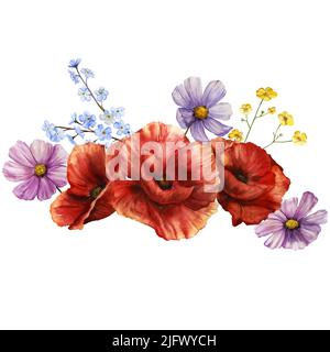 Illustration aquarelle de fleurs sauvages rouges isolées. Image décorative dessinée à la main de bouquet de fleurs. Bannière. Banque D'Images