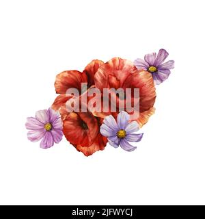 Illustration aquarelle de fleurs sauvages rouges isolées. Image décorative dessinée à la main de bouquet de fleurs. Banque D'Images