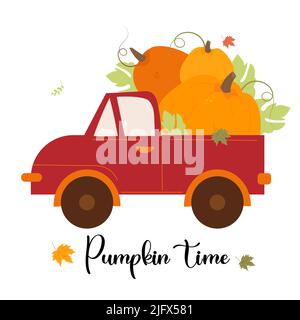 Camion d'automne avec récolte de citrouilles. Joli camion de citrouille heureux avec feuilles d'automne sur fond blanc - temps de citrouille. Illustration vectorielle. Affiche d'automne pour Illustration de Vecteur