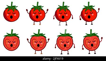 Icône de tomate de style kawaii, yeux fermés, bouche ouverte. Version avec les mains levées, abafonction et ondulation Illustration de Vecteur