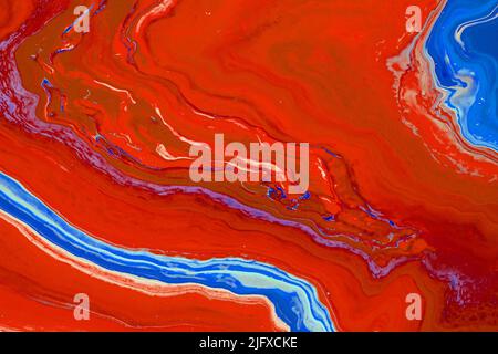 Couleurs rouge et bleu. Peinture d'art fluide. Arrière-plan à l'encre d'alcool de marbre. Banque D'Images