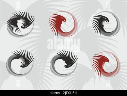 Icônes Phoenix en forme de spirale sur fond gris pour logos ou tatouages. Forme rouge et noire d'oiseau vortex pour les imprimés, tissus, couvertures, icônes de toile, etc Banque D'Images